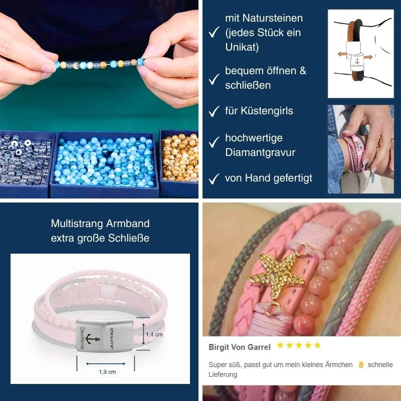 Armband Seestern (Multistrang) mit Segelseil, Leder & Pink Jade - Image 5