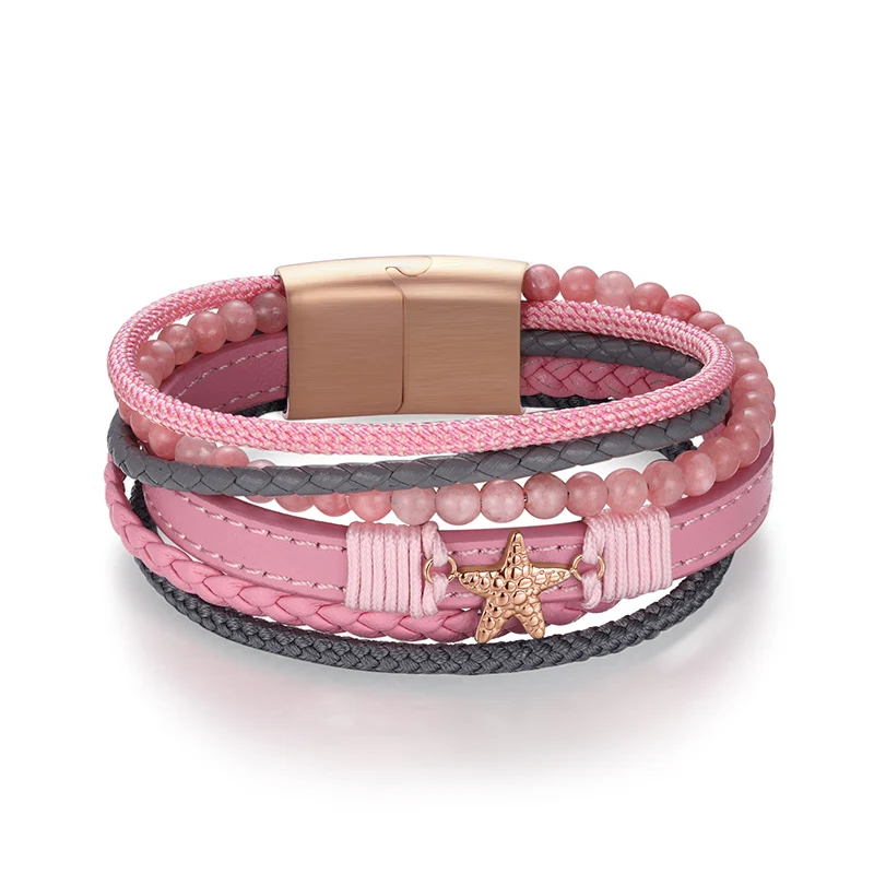Armband Seestern (Multistrang) mit Segelseil, Leder & Pink Jade - Image 7