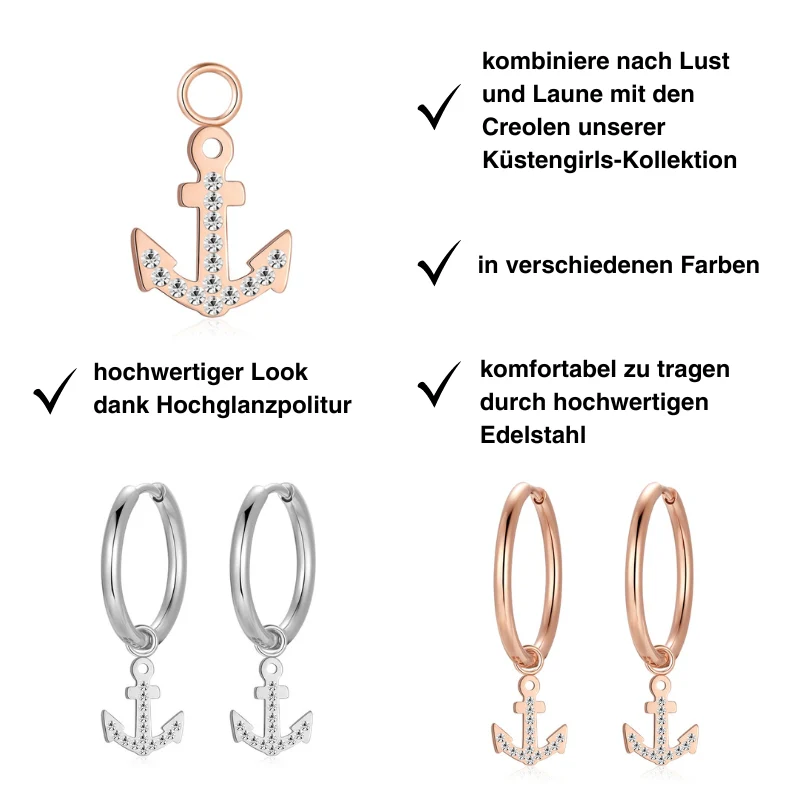 Charm für Ohrringe (Creolen) Anker (groß) aus Edelstahl mit Steinen (Paar) - Image 7