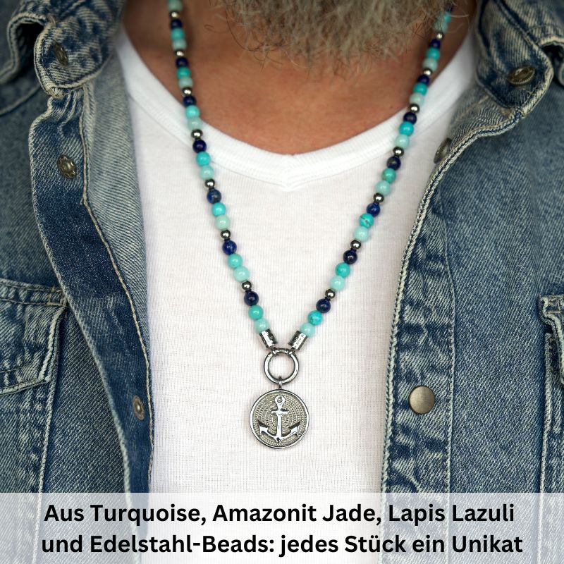 Kette Blue Playa mit Turquoise, Amazonit Jade, Lapis Lazuli und Edelstahl-Beads (mit Rund-Karabiner) - Image 6